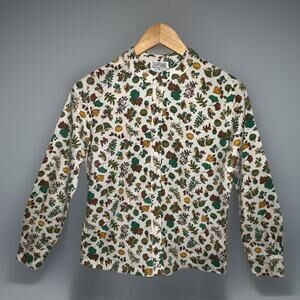 Vtg 50s 60s Sanforized Blouse Fall Acorns Pumpkins Leaves Combed Cotton - XS/S